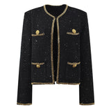 Bella Cropped Boxy Jacket - Sparkling Accents with Gold Chain Trim & Embellished Buttons