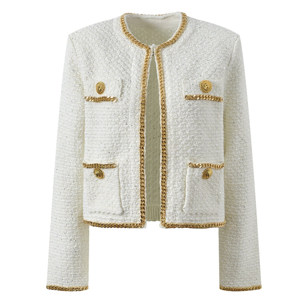 Bella Cropped Boxy Jacket - Sparkling Accents with Gold Chain Trim & Embellished Buttons