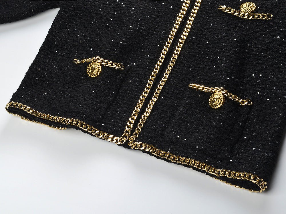 Bella Cropped Boxy Jacket - Sparkling Accents with Gold Chain Trim & Embellished Buttons