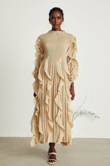 Bella Maxi Dress - Square Neck - Ruffled Trim - Long Sleeves - Pleated Design - Stretch Jersey