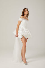 Bella Off Shoulder Mini Dress - Peplum Hem - Satin Finish - Bowknot & Ribbon Detail - Tie Fastening