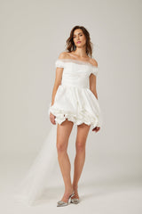 Bella Off Shoulder Mini Dress - Peplum Hem - Satin Finish - Bowknot & Ribbon Detail - Tie Fastening