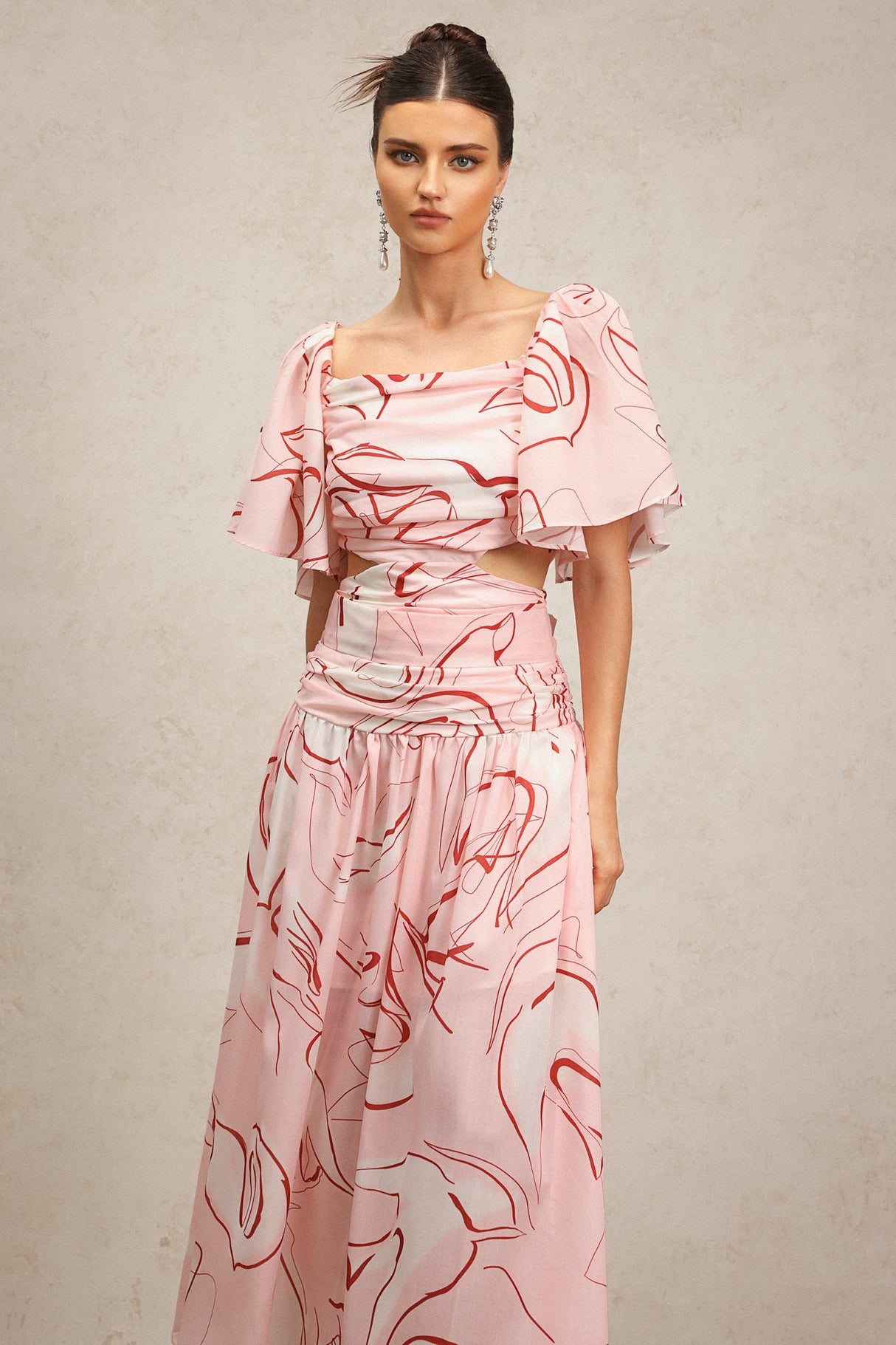 Bella Pink Maxi Dress Square Neckline Puff Sleeves Ruched Waist Printed Folds Pattern