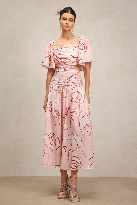 Bella Pink Maxi Dress Square Neckline Puff Sleeves Printed Folds Pattern Ruched Detailing