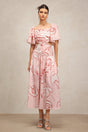 Bella Pink Maxi Dress Square Neckline Puff Sleeves Printed Folds Pattern Ruched Detailing