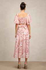 Bella Pink Maxi Dress with Puff Sleeves Square Neckline and Ruched Waist