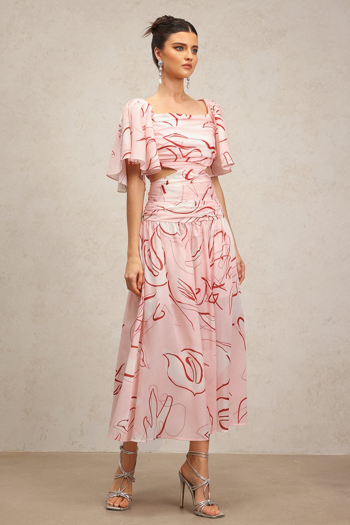 Bella Pink Maxi Dress Square Neckline Puff Sleeves Folds Pattern Ruched Detailing