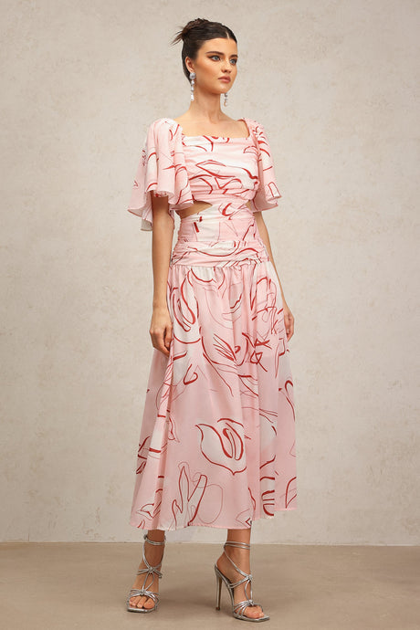 Bella Pink Maxi Dress Square Neckline Puff Sleeves Folds Pattern Ruched Detailing