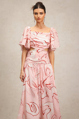 Bella Pink Printed Folds Maxi Dress Square Neckline Puff Sleeves Ruched Waist
