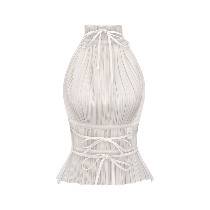 Bella Top - Pleated Crew Neck Open Back Spaghetti Tie Sleeveless Fashion Shirt