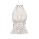 Bella Top - Pleated Crew Neck Open Back Spaghetti Tie Sleeveless Fashion Shirt
