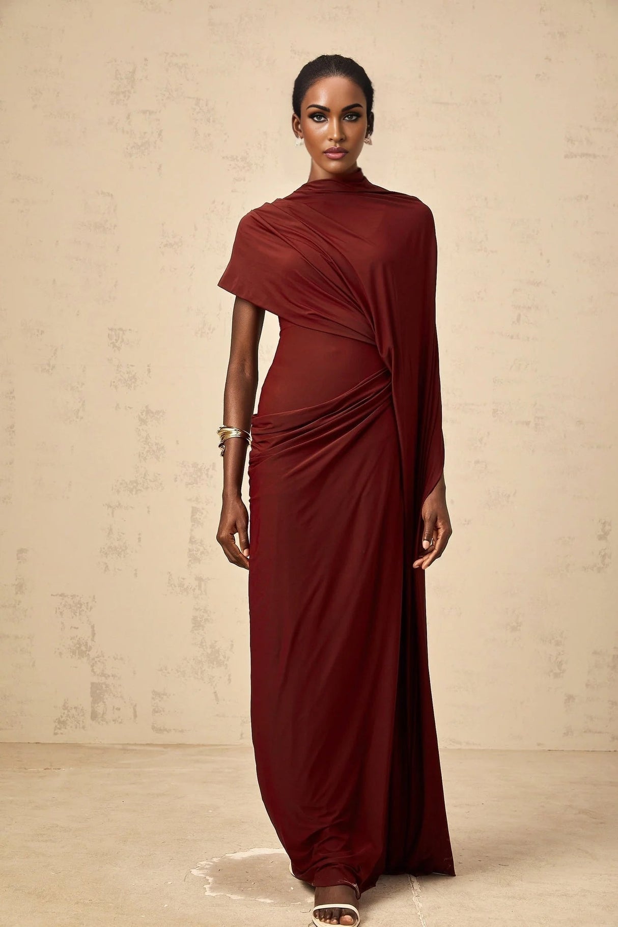 Benedetta Cape & Dress Set with Unique Draped Design in Red