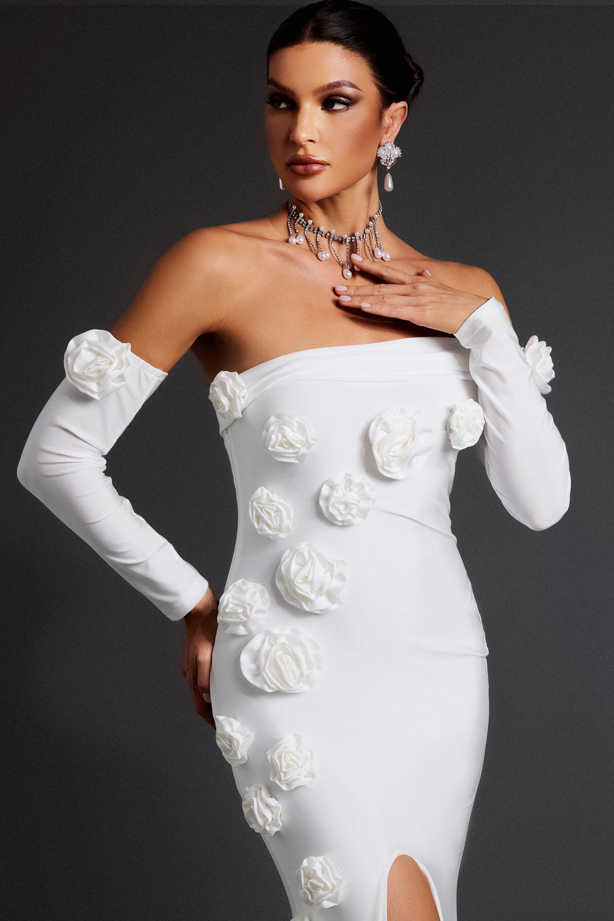 Benedetta White Off-Shoulder Maxi Dress with Floral Appliqués and Slit Design