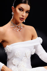 Benedetta White Off-Shoulder Maxi Dress with Floral Appliqués and Slit Design