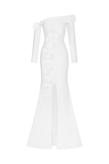 Benedetta White Off-Shoulder Maxi Dress with Floral Appliqués