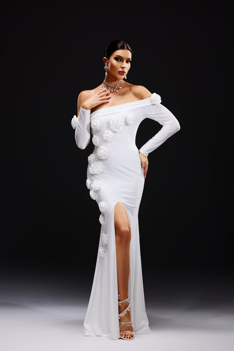 Benedetta White Off-Shoulder Maxi Dress with Floral Appliqués and Slit Design