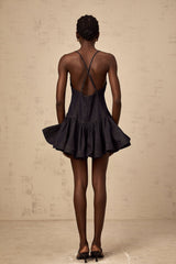 Beppina Denim Mini Dress - V - neck - Sleeveless - Cross - over Straps - Flounce Hem