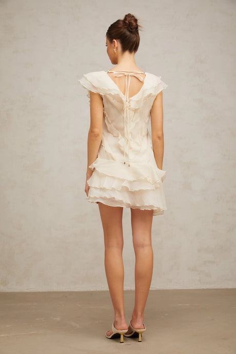 Beppina Mini Dress Neutral V - neck Ruffled Thigh Length & Floral Layers