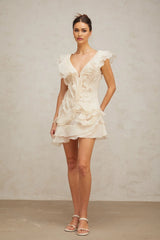 Beppina Mini Dress Neutral V - neck Ruffled Thigh Length & Floral Layers