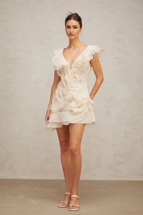 Beppina Mini Dress Neutral V - neck Ruffled Thigh Length & Floral Layers