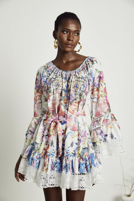 Bérénice floralprint lace trim mini dress