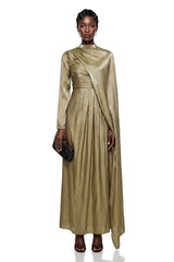Berenike Gold Glossy Maxi Dress with Cape