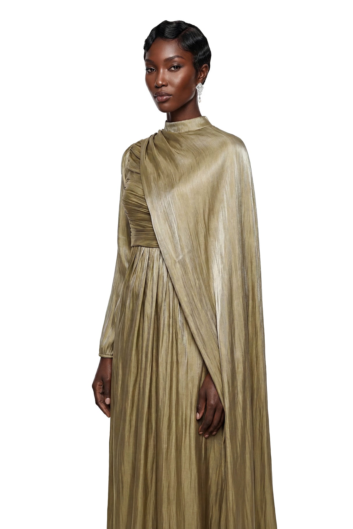 Berenike Gold Glossy Maxi Dress with Cape