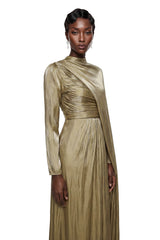 Berenike Gold Glossy Maxi Dress with Cape