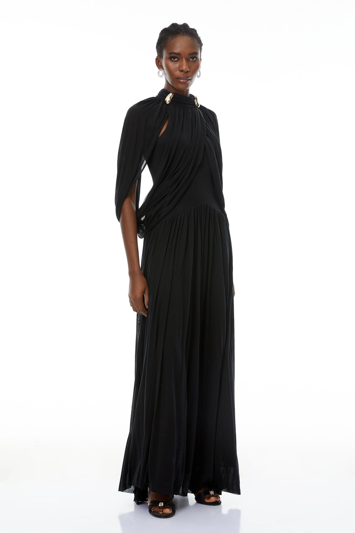 Bergljot Black Cape Design Mesh Maxi Dress