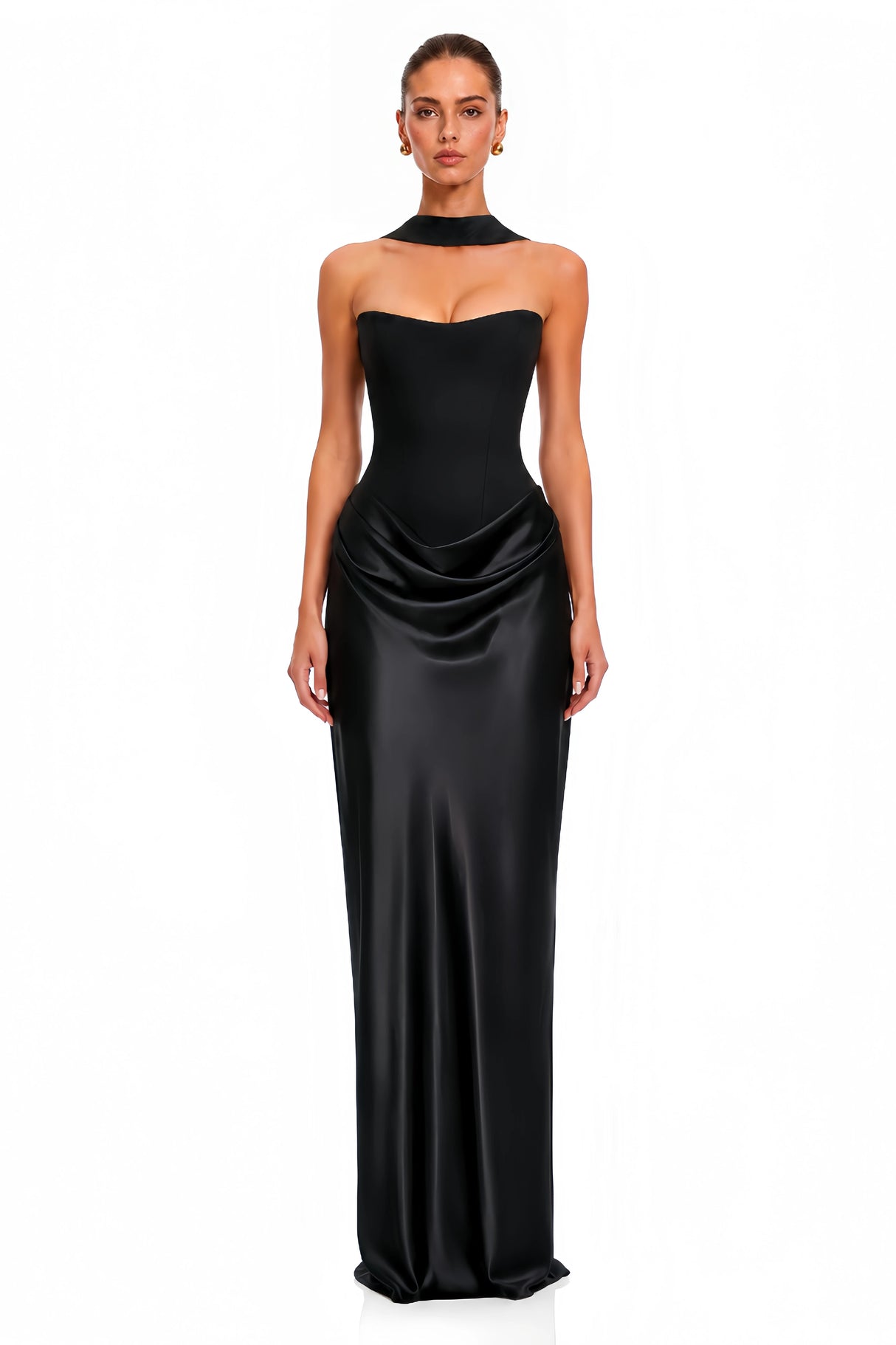 Berit Black Scarf Off Shoulder Ruched Maxi Dress