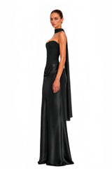 Berit Black Scarf Off Shoulder Ruched Maxi Dress