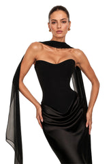 Berit Black Scarf Off Shoulder Ruched Maxi Dress
