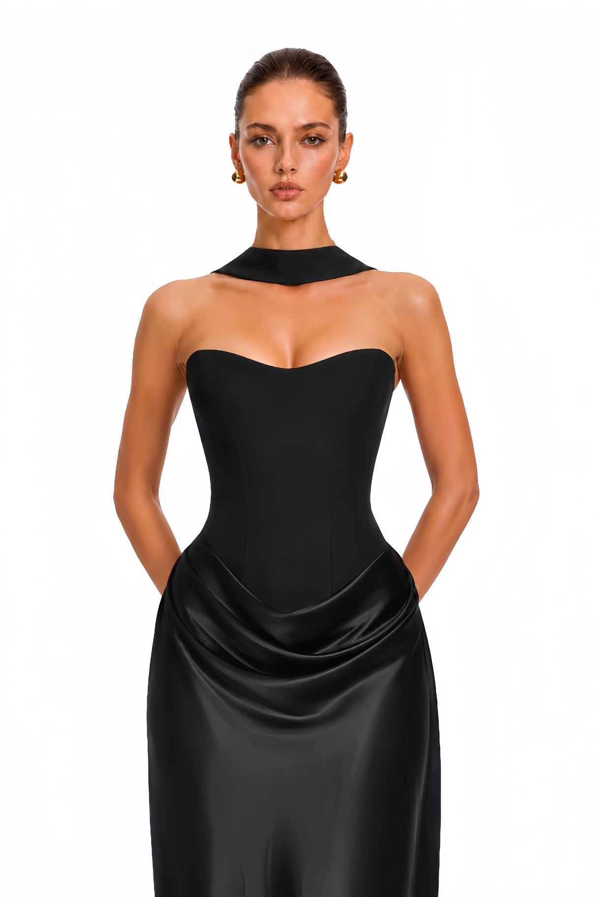 Berit Black Scarf Off Shoulder Ruched Maxi Dress
