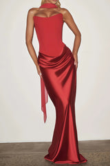Berit Red Scarf Off Shoulder Ruched Maxi Dress