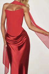 Berit Red Scarf Off Shoulder Ruched Maxi Dress