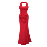 Berit Red Scarf Off Shoulder Ruched Maxi Dress
