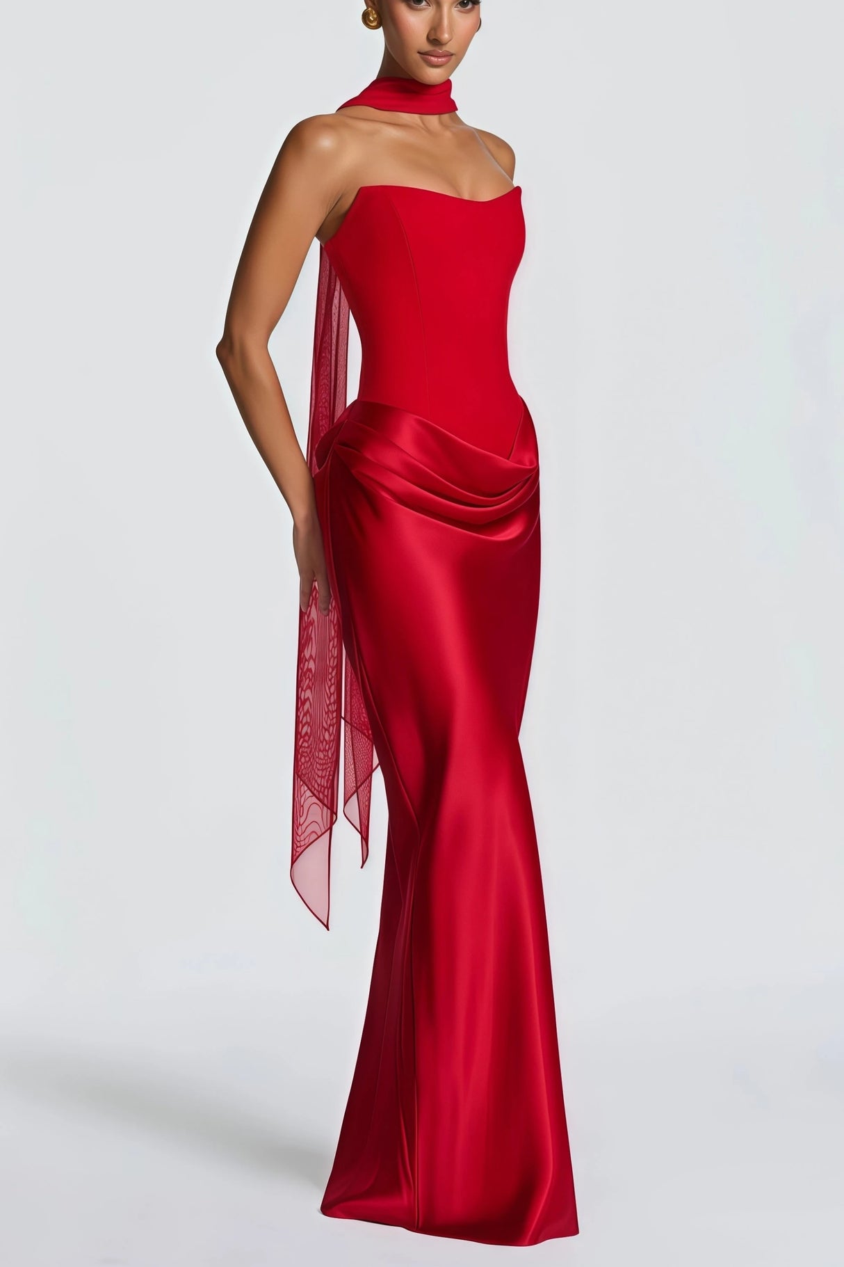 Berit Red Scarf Off Shoulder Ruched Maxi Dress