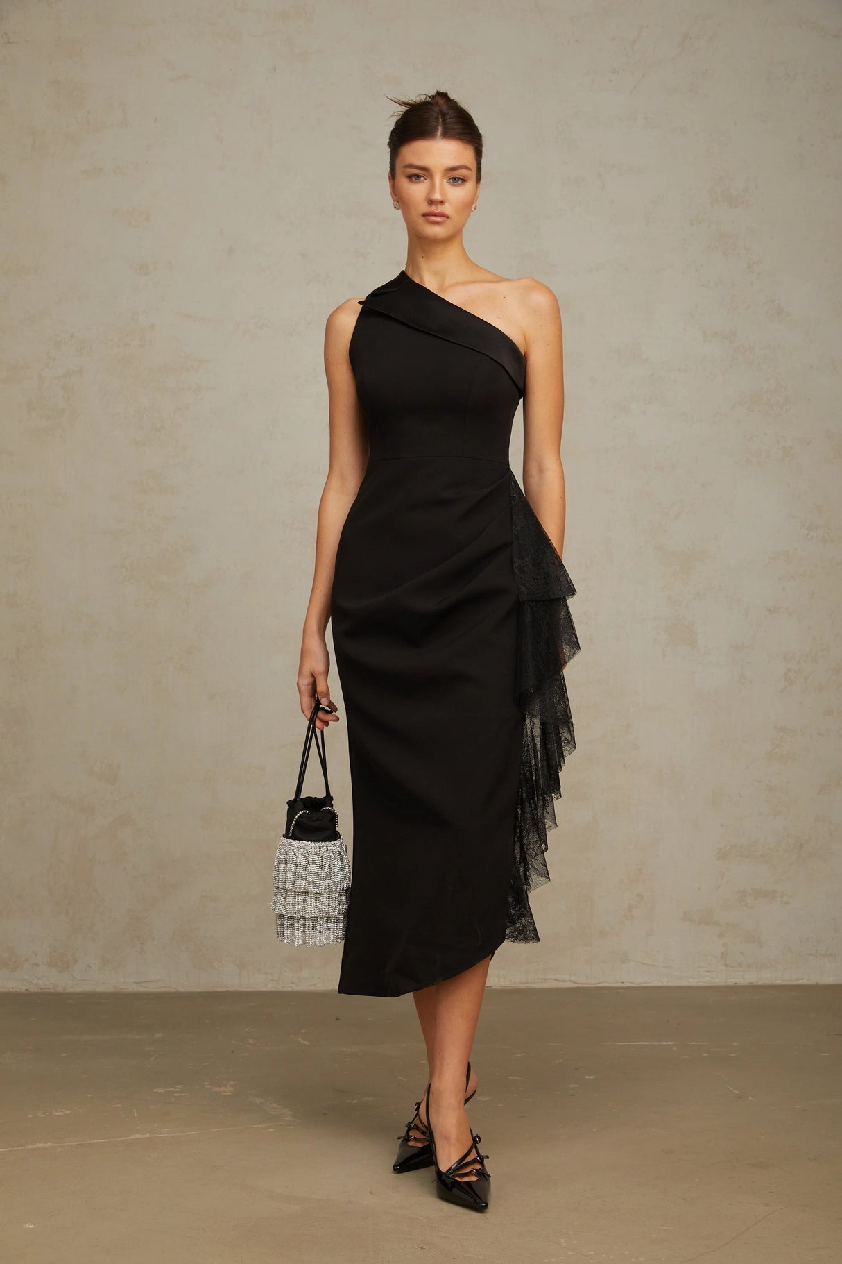 Bernadette Black LacePanel Asymmetrical Midi Dress