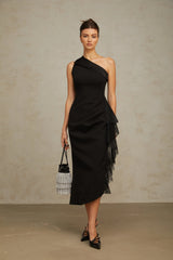 Bernadette Black LacePanel Asymmetrical Midi Dress