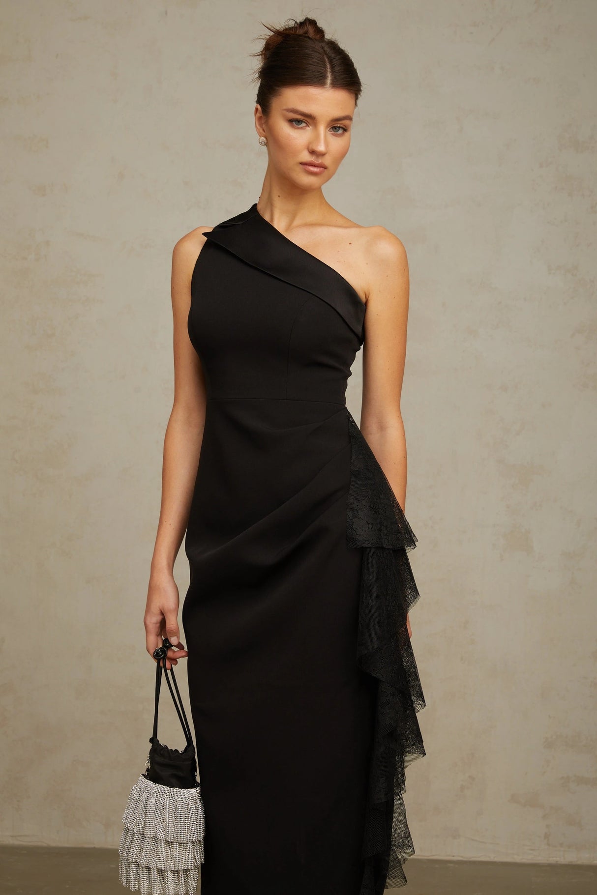 Bernadette Black LacePanel Asymmetrical Midi Dress