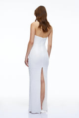 Bernadine White Halterneck Bodycon Maxi Dress with Pearls
