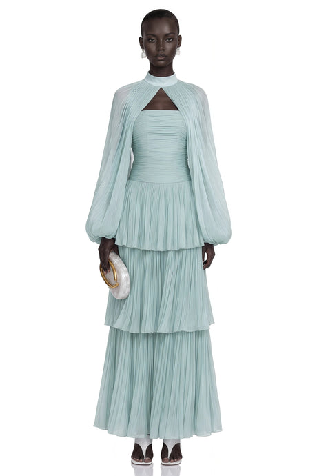 Bernice Green Glossy Cape  Tiered Dress Set