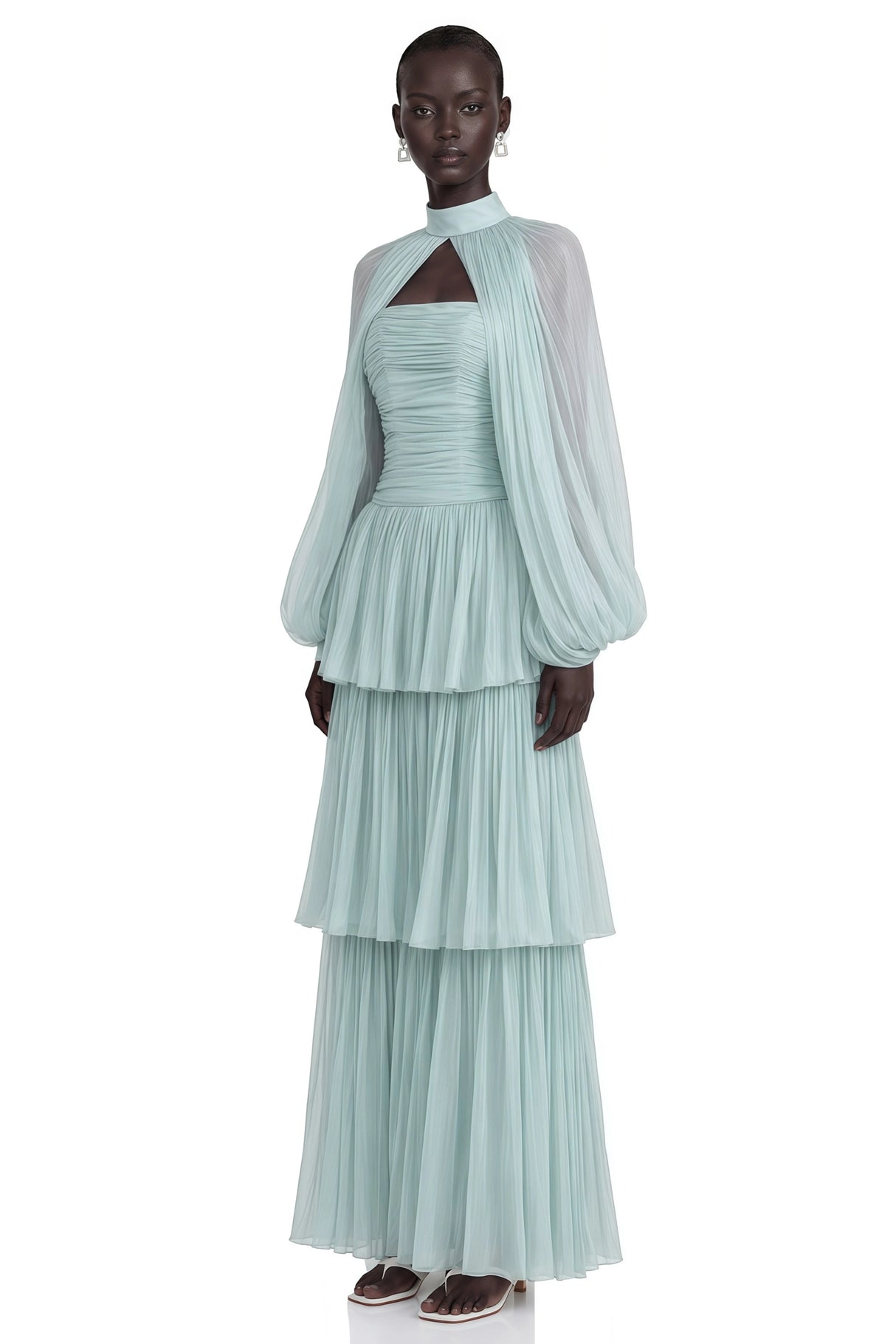 Bernice Green Glossy Cape  Tiered Dress Set