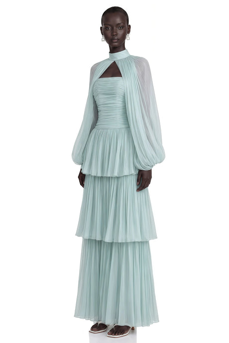 Bernice Green Glossy Cape  Tiered Dress Set