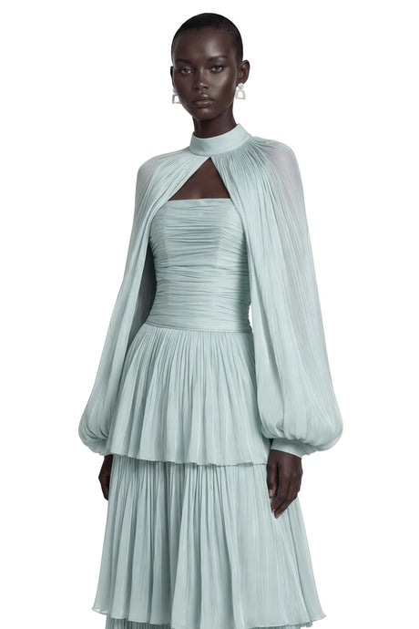 Bernice Green Glossy Cape  Tiered Dress Set