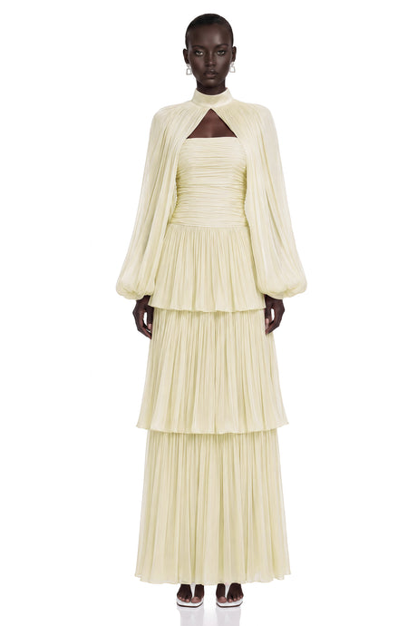 Bernice Yellow Glossy Cape  Tiered Dress Set