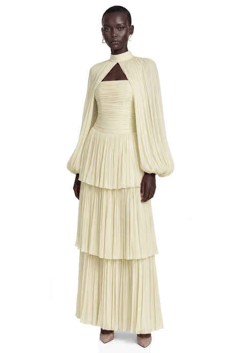 Bernice Yellow Glossy Cape  Tiered Dress Set