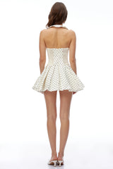 Bertha Neutral Halterneck Polka Dot Pleated Mini Dress