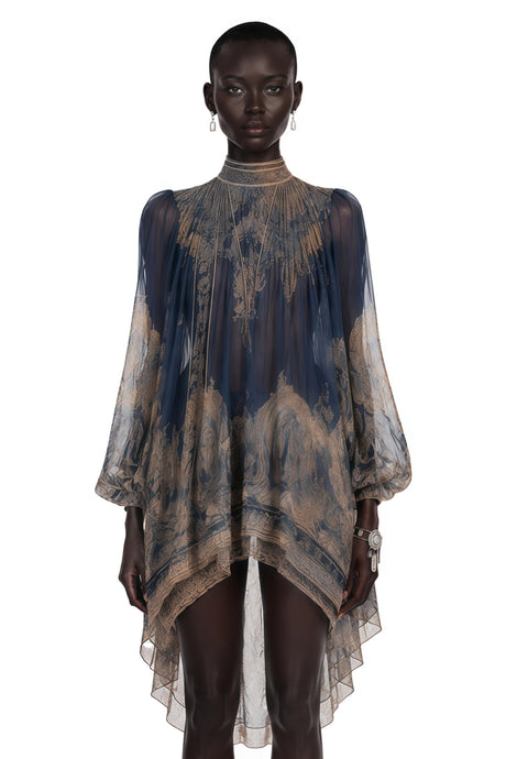Bertille Blue Baroque Print High Neck Mini Dress