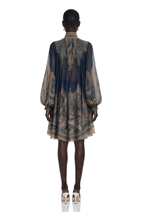 Bertille Blue Baroque Print High Neck Mini Dress